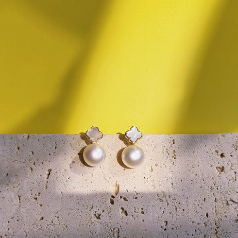 Floral Leaf Shell Pearl Earrings - Elegant Fresh Look in 18K Gold Vermeil